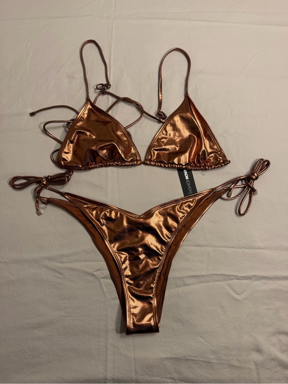 NWT Fashion Nova Glistening Beach Liquid Strappy Bikini XL Copper